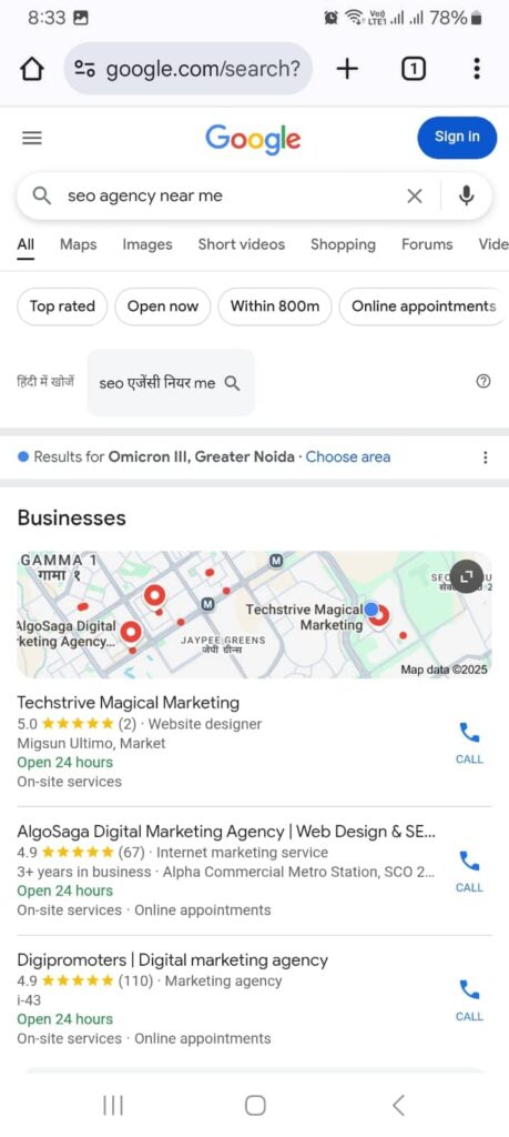 local search result on Google